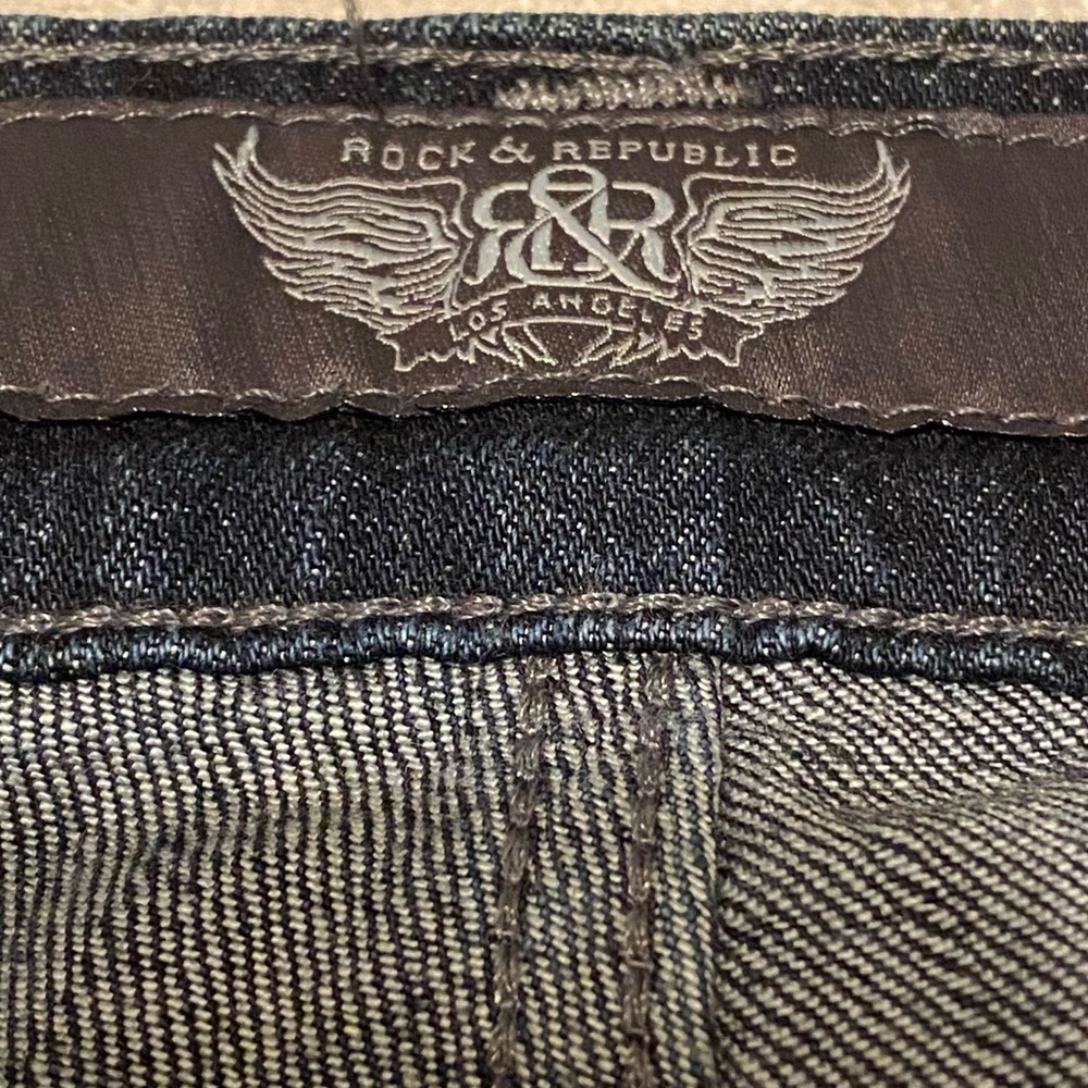 Rock & Republic Jeans Dark Blue 36 NEIL Button Fly Green Pocket Logo - Picture 10 of 13